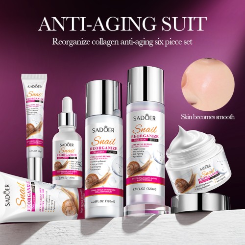 Sadoer Набор косметики для ухода за кожей лица антивозрастной с муцином улитки и коллагеном Snail (пенка, тонер, лосьон, сыворотка, кремдля лица, крем для век), 100г+120мл+120мл+20г+30мл+50г