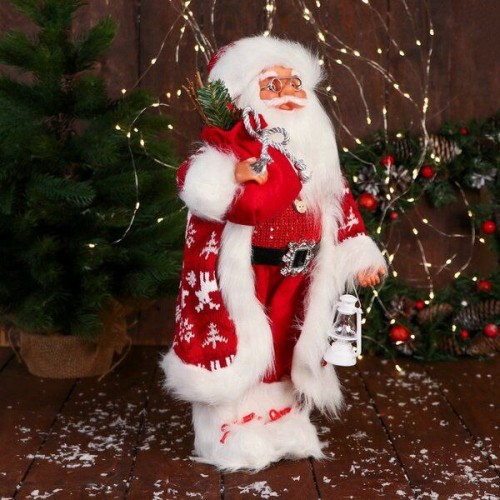 Санта Клаус с мешочком подарков и фонариком, 48см 