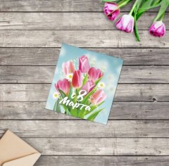 Открытка-мини &quot;С 8 Марта!&quot; розовые тюльпаны, 7 х 7 см